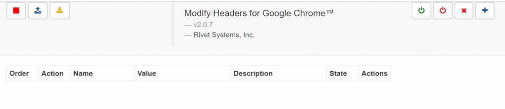 Modify Headers for Google Chrome開始中のメイン画面