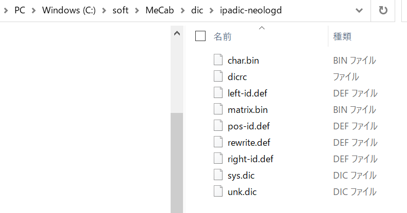 辞書ファイルのコンパイルのファイル一覧