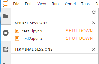 JupyterLabのKERNEL SESSIONS確認画面